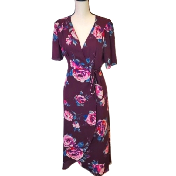 Everly Dark Purple/Pink Multi-Color Floral Wrap Midi Dress, Size Medium - Picture 2 of 16